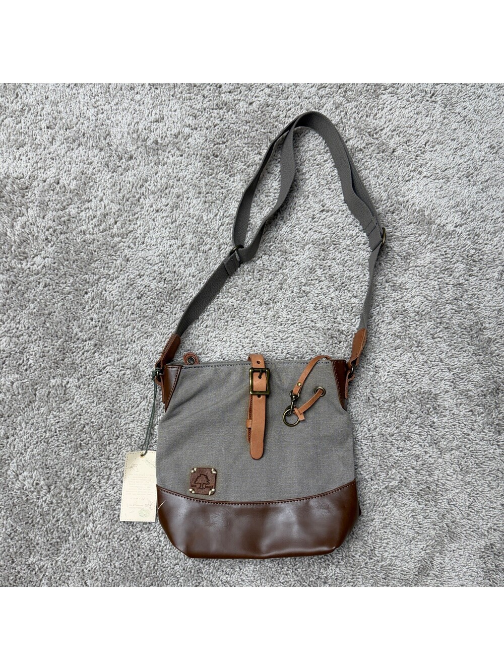 TSD Brand Gray Canvas and Brown Leather Crossbody Bag NWT